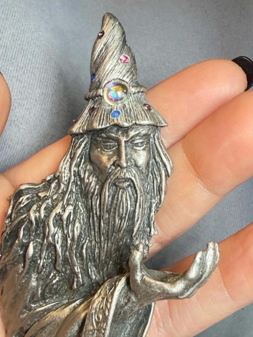 JJ Vintage Wizard Brooch Silver Tone Rhinestone Hat Fantasy 4”